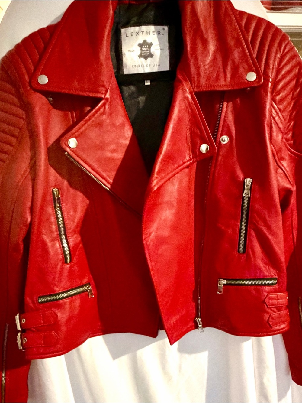 Red Leather Moto Jacket for Women